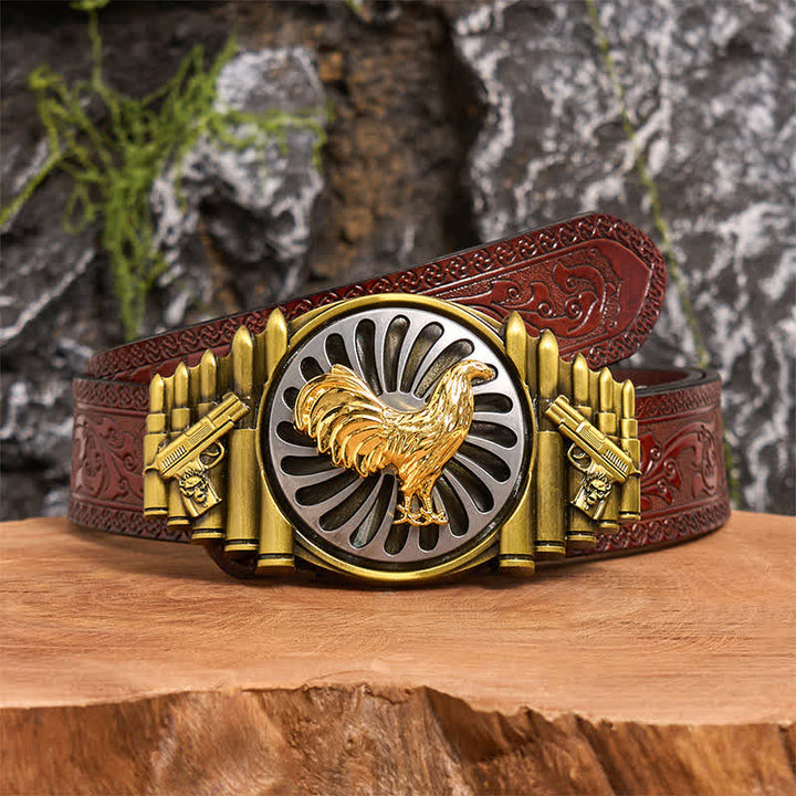 Ceinture en cuir à boucle rotative avec motif pistolet et balle en bronze - Coq - Ceinture marron sculptée - 42 - image 7