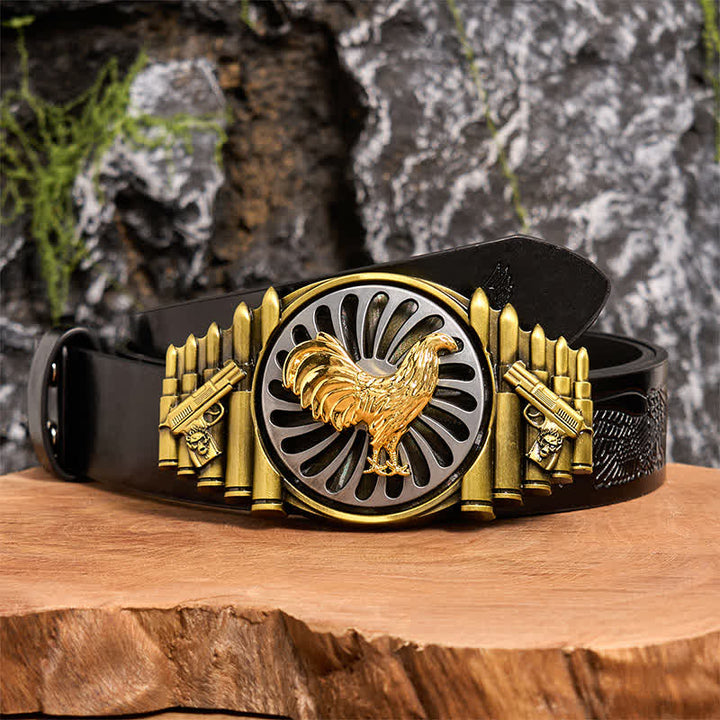 Ceinture en cuir à boucle rotative avec motif pistolet et balle en bronze - Coq - Ceinture noire avec aigle en relief - 42 - image 3
