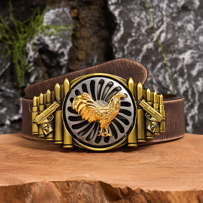 Ceinture en cuir à boucle rotative avec motif pistolet et balle en bronze - Coq - Ceinture marron vieillie - 42 - image 6