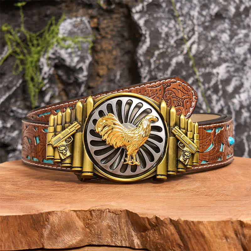 Ceinture en cuir à boucle rotative avec motif pistolet et balle en bronze - Coq - Ceinture sculptée en turquoise - 42 - image 4