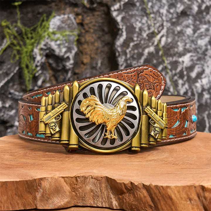 Ceinture en cuir à boucle rotative avec motif pistolet et balle en bronze - Coq - Ceinture sculptée en turquoise - 42 - image 4