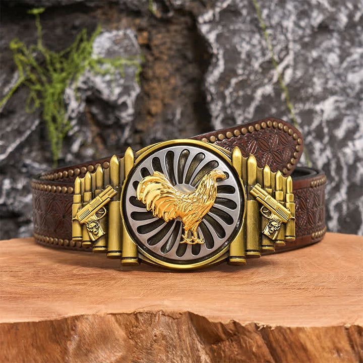 Ceinture en cuir à boucle rotative avec motif pistolet et balle en bronze - Coq - Ceinture à rivets marron - 42 - image 5