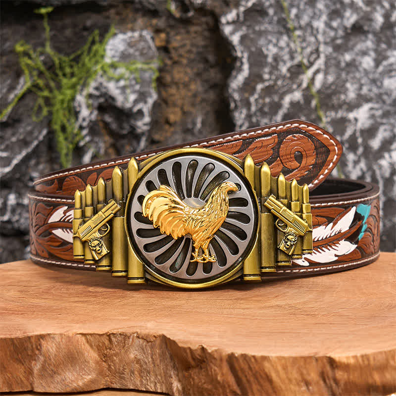 Ceinture en cuir à boucle rotative avec motif pistolet et balle en bronze - Coq - Ceinture à plumes marron - 40 - image 8