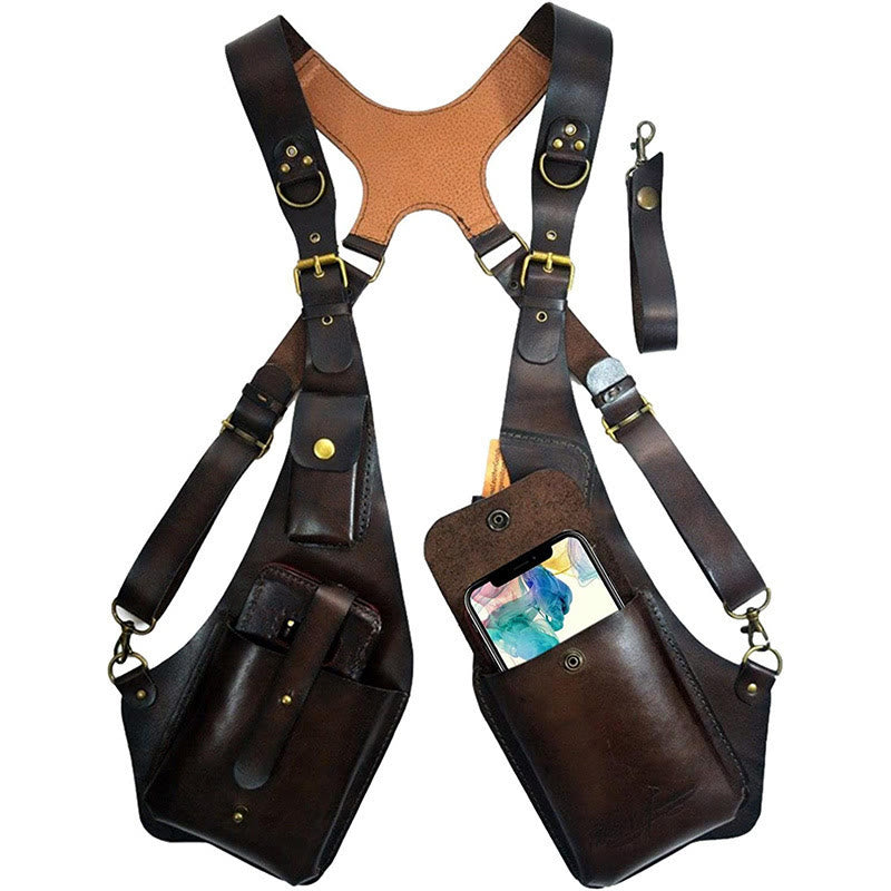Sac à bandoulière rétro en cuir pour homme avec sangle pour téléphone et bouton sous le bras - image 1