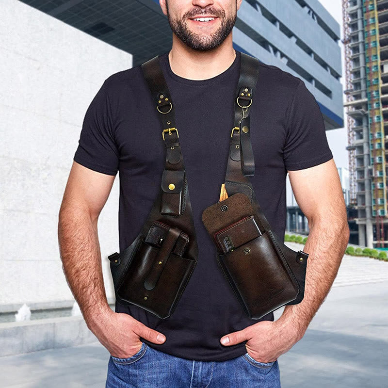 Sac à bandoulière rétro en cuir pour homme avec sangle pour téléphone et bouton sous le bras - image 2