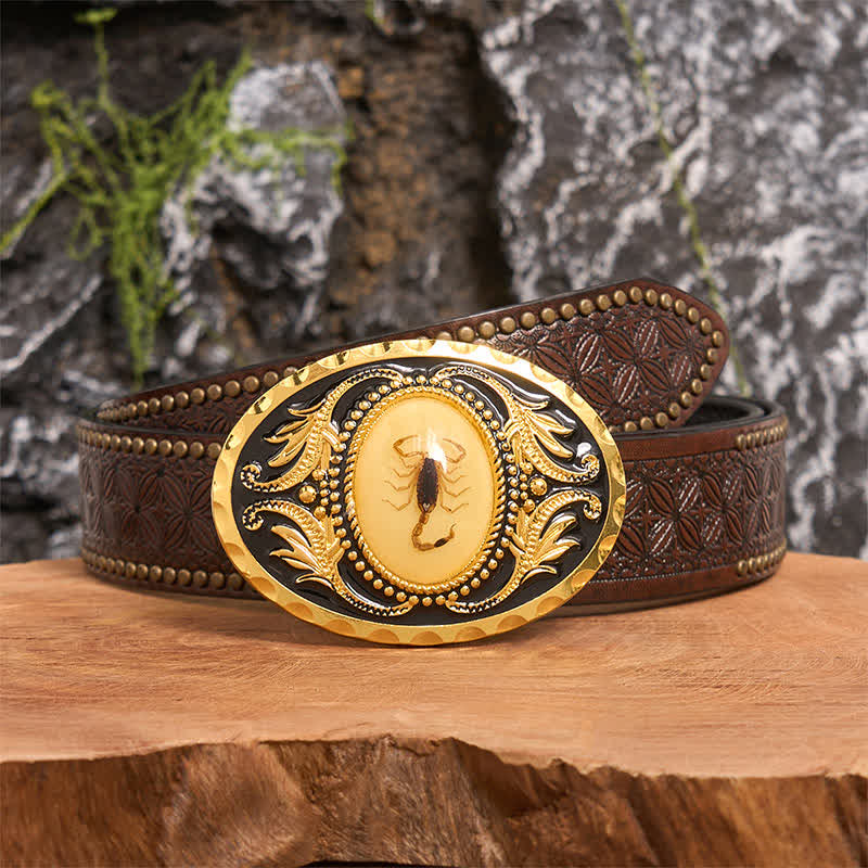 Ceinture en cuir avec boucle décorative en forme de scorpion dorée - Scorpion - Ceinture à rivets marron - 42 - image 5