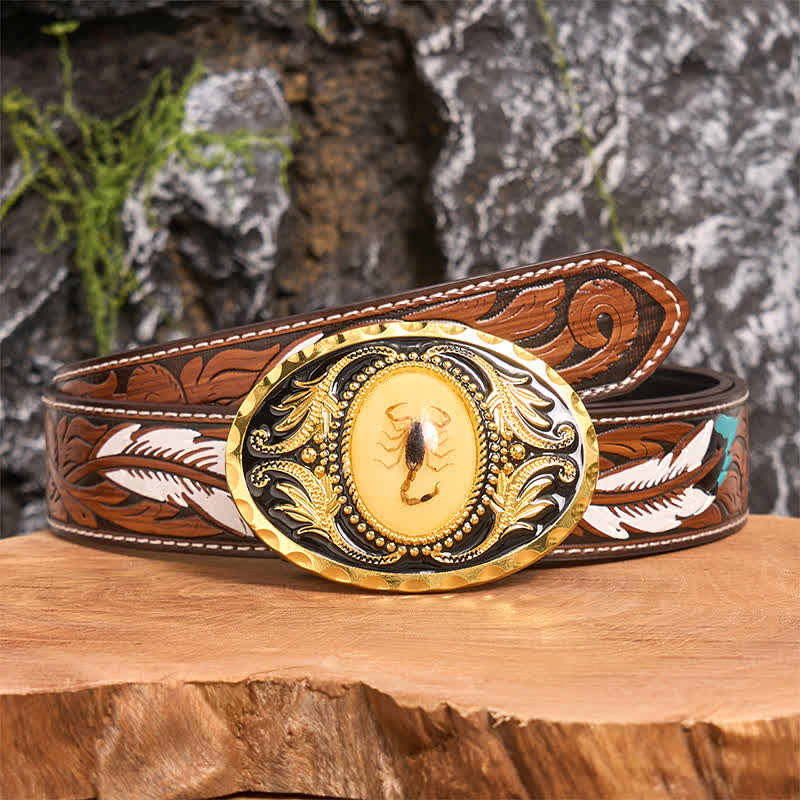 Ceinture en cuir avec boucle décorative en forme de scorpion dorée - Scorpion - Ceinture à plumes marron - 40 - image 8