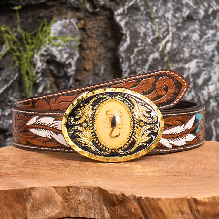 Ceinture en cuir avec boucle décorative en forme de scorpion dorée - Scorpion - Ceinture à plumes marron - 40 - image 8