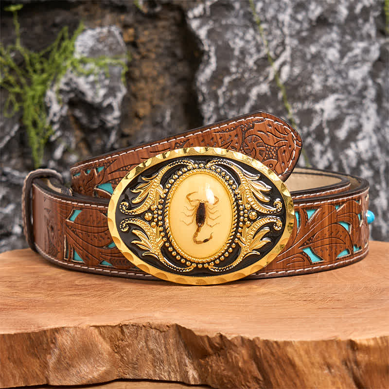 Ceinture en cuir avec boucle décorative en forme de scorpion dorée - Scorpion - Ceinture sculptée en turquoise - 42 - image 4