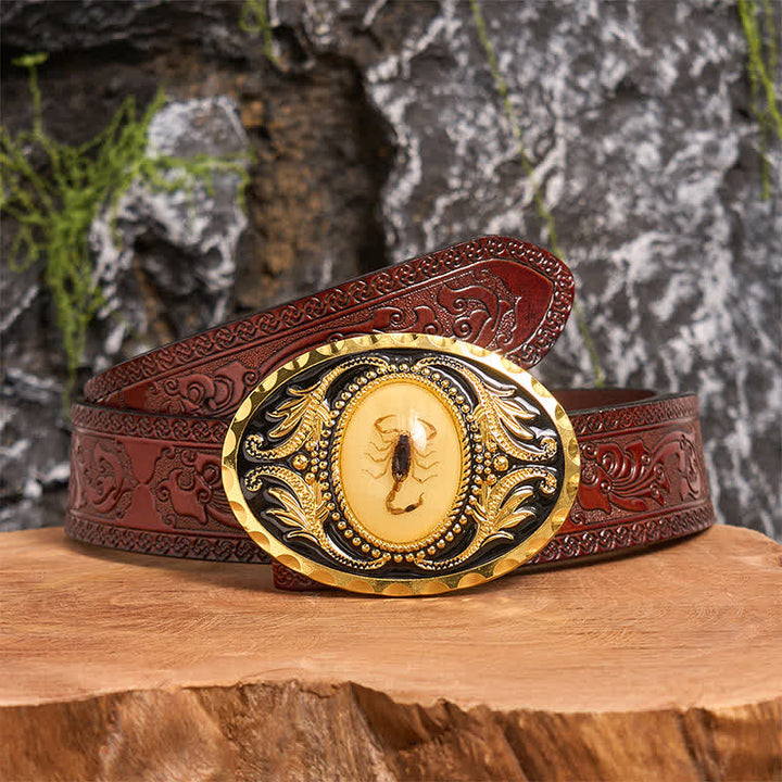 Ceinture en cuir avec boucle décorative en forme de scorpion dorée - Scorpion - Ceinture marron sculptée - 42 - image 7