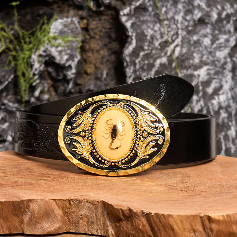 Ceinture en cuir avec boucle décorative en forme de scorpion dorée - Scorpion - Ceinture noire avec aigle en relief - 42 - image 3