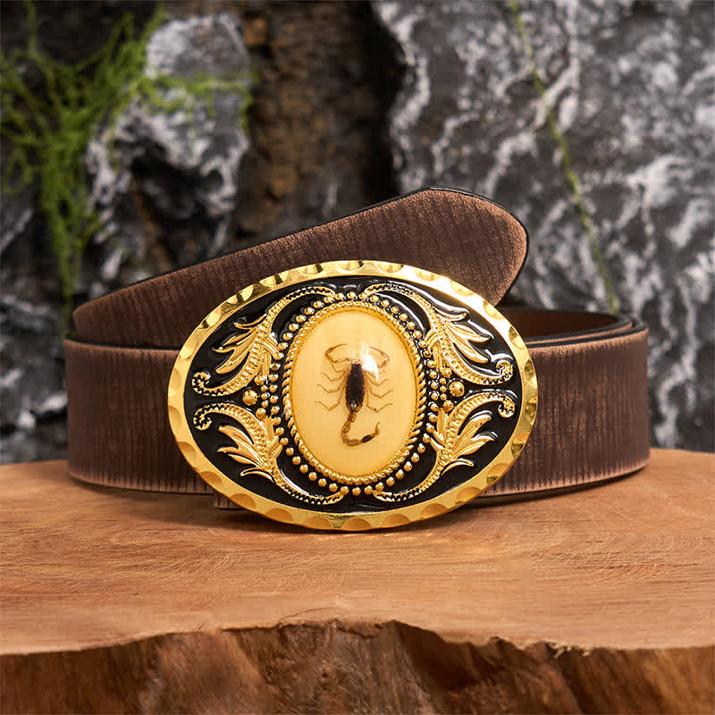 Ceinture en cuir avec boucle décorative en forme de scorpion dorée - Scorpion - Ceinture marron vieillie - 42 - image 6