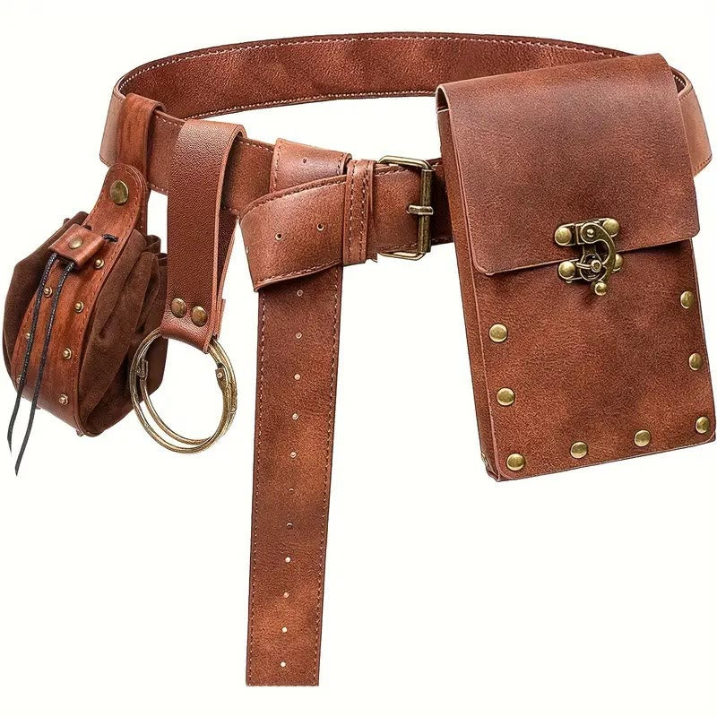 Accessoires de costume de cosplay d'Halloween, ceinture rétro avec sac banane - 3Pcs - Brun - image 1