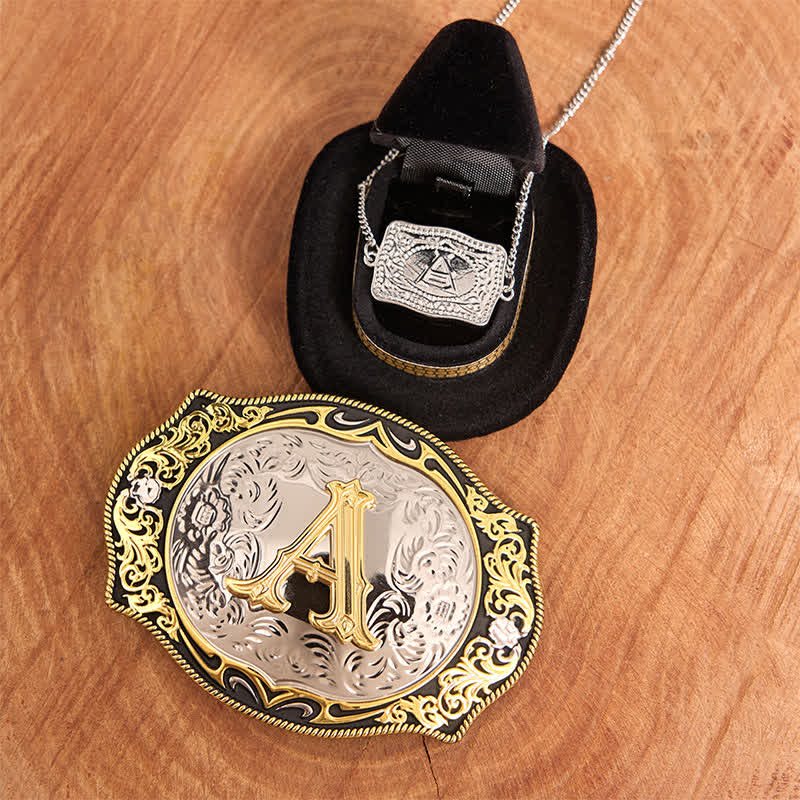 Ensemble de collier en argent avec boucle de ceinture et initiales dorées et noires - Paquet - Sans ceinture - Ceinture non incluse - image 2