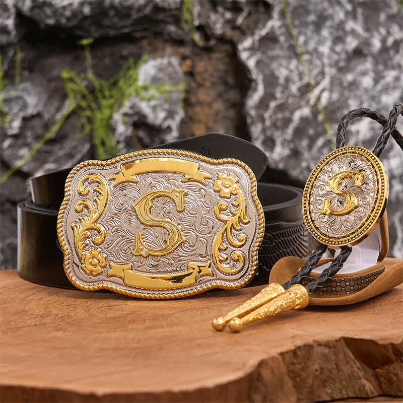 Ensemble de boucles de ceinture et cravate bolo dorées à faire soi-même avec une grande lettre initiale - Paquet - Ceinture noire avec aigle en relief - 42 - image 4