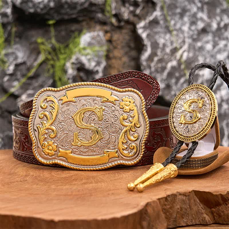 Ensemble de boucles de ceinture et cravate bolo dorées à faire soi-même avec une grande lettre initiale - Paquet - Ceinture marron sculptée - 42 - image 7