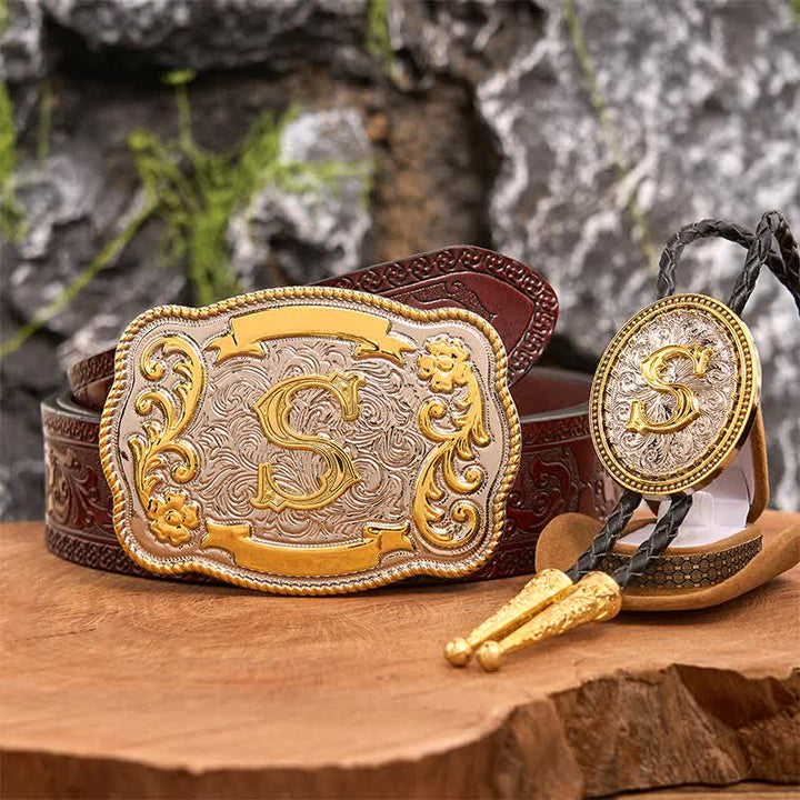 Ensemble de boucles de ceinture et cravate bolo dorées à faire soi-même avec une grande lettre initiale - Paquet - Ceinture marron sculptée - 42 - image 7