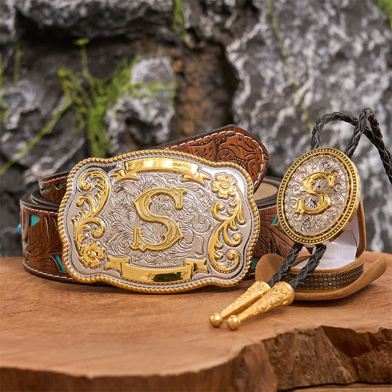 Ensemble de boucles de ceinture et cravate bolo dorées à faire soi-même avec une grande lettre initiale - Paquet - Ceinture sculptée en turquoise - 42 - image 1
