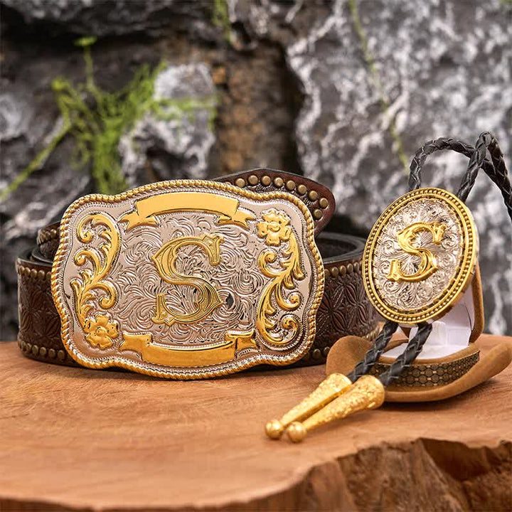 Ensemble de boucles de ceinture et cravate bolo dorées à faire soi-même avec une grande lettre initiale - Paquet - Ceinture à rivets marron - 42 - image 5