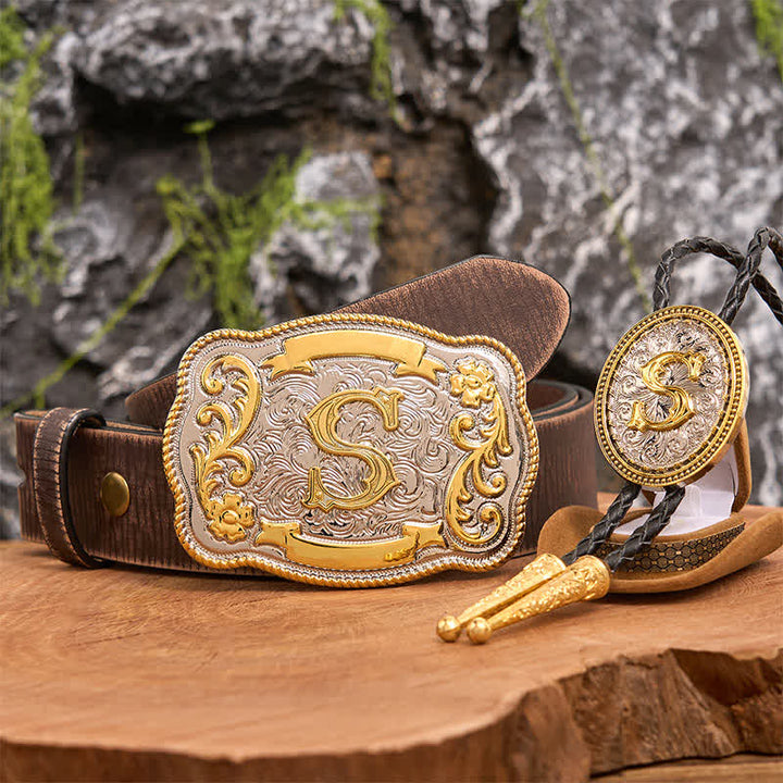 Ensemble de boucles de ceinture et cravate bolo dorées à faire soi-même avec une grande lettre initiale - Paquet - Ceinture marron vieillie - 42 - image 6