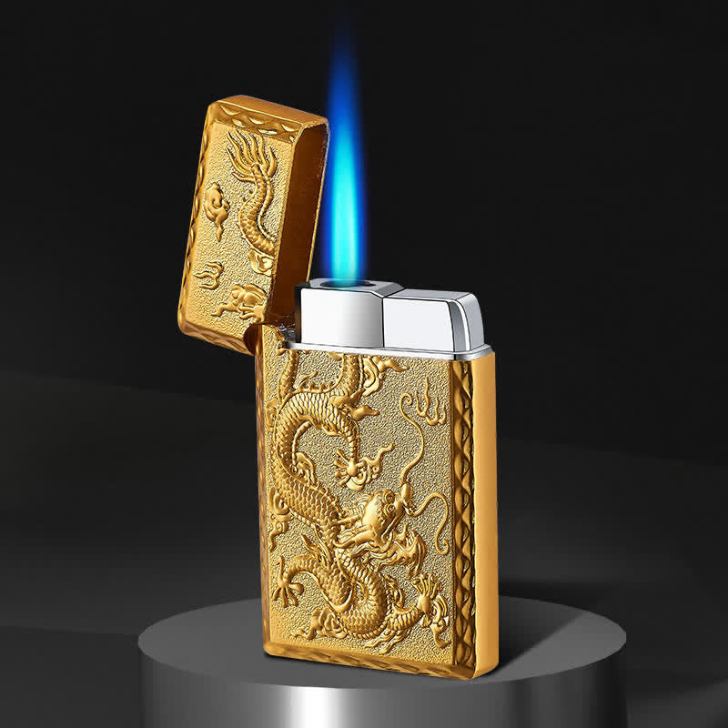 Briquet au butane rechargeable à jet unique et motif dragon en relief - Or - image 2