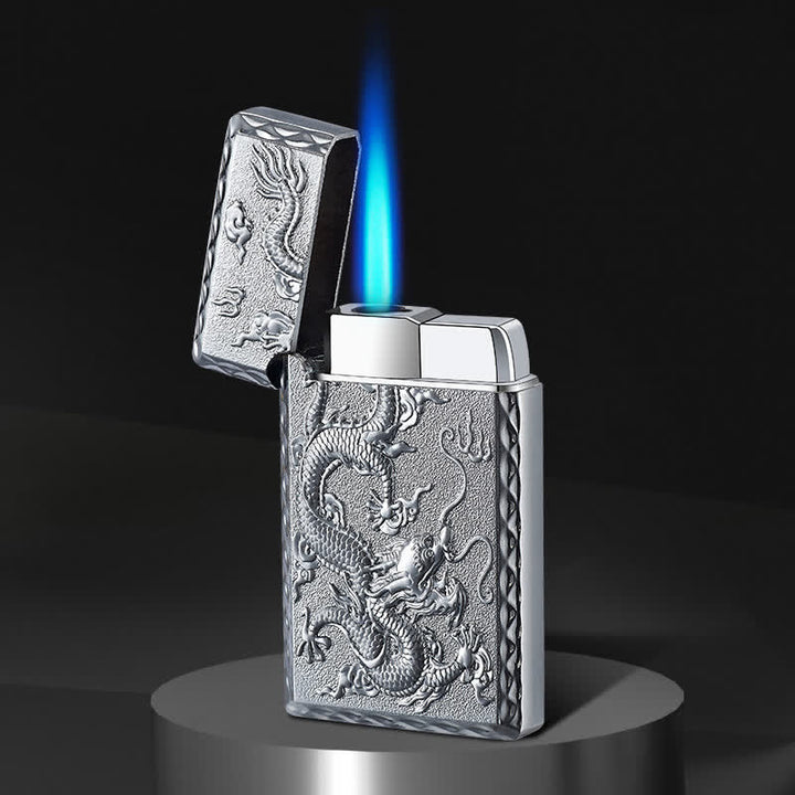 Briquet au butane rechargeable à jet unique et motif dragon en relief - Argent - image 3