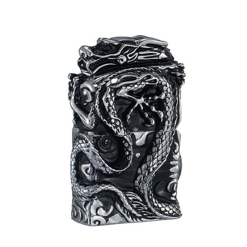 Briquet à pétrole rechargeable Dragon en relief de la collection rétro - Argent et noir - image 8