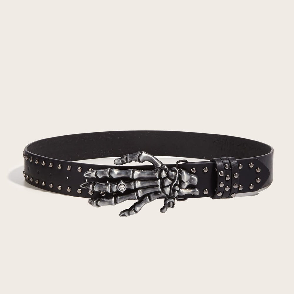 Ceinture à rivets noire punk Halloween avec motif main de squelette - Noir - image 1