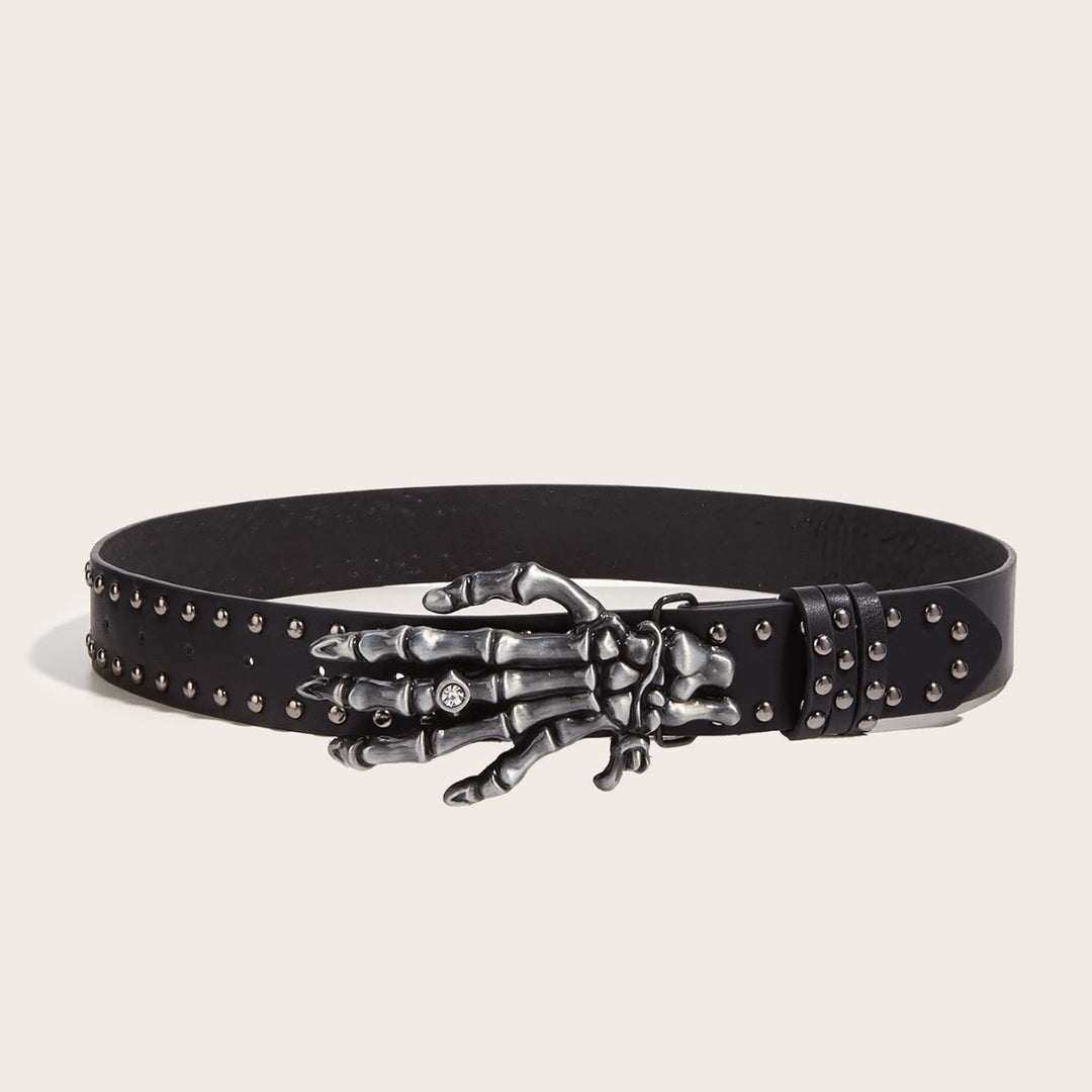 Ceinture à rivets noire punk Halloween avec motif main de squelette - Noir - image 1