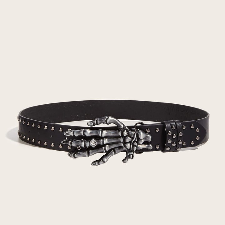 Ceinture à rivets noire punk Halloween avec motif main de squelette - Noir - image 1