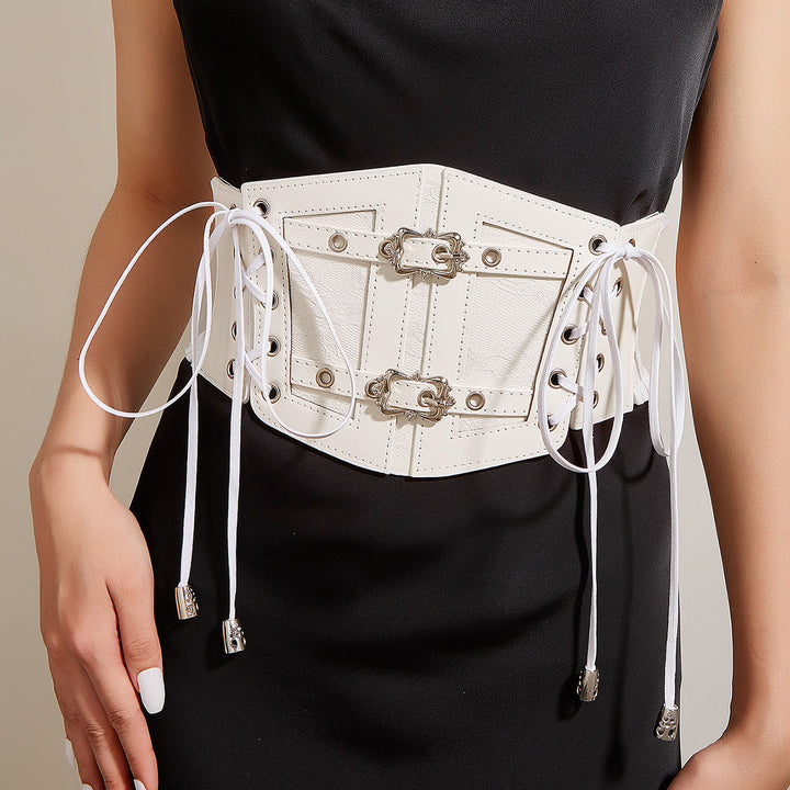 Ceinture corset rétro en dentelle avec boucle en métal pour femme - Blanc - image 1