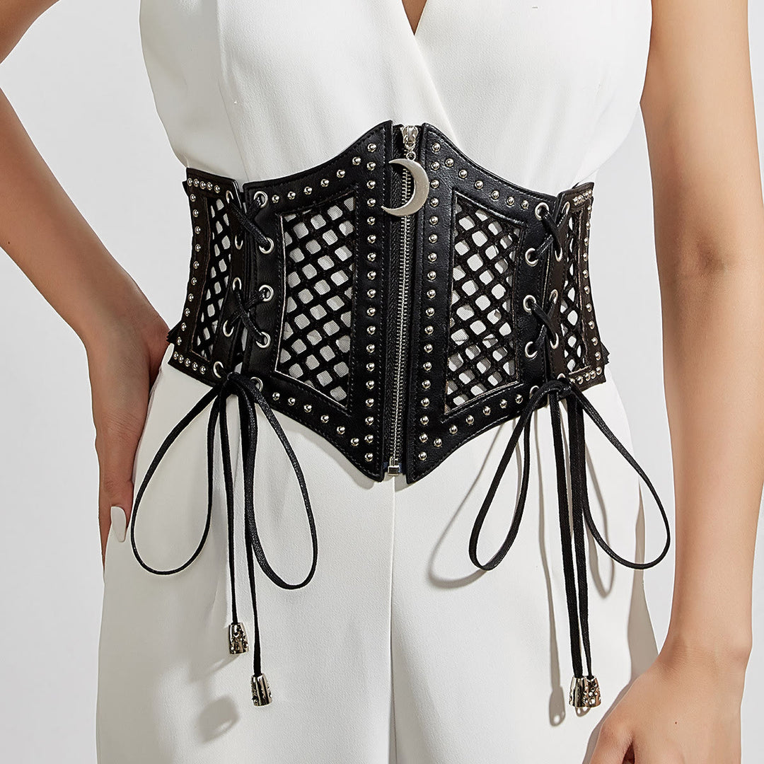 Ceinture corset noire tendance en maille avec fermeture éclair pour femme - Noir - image 0