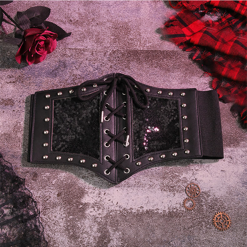 Ceinture corset élastique noire en dentelle pour femme - image 1