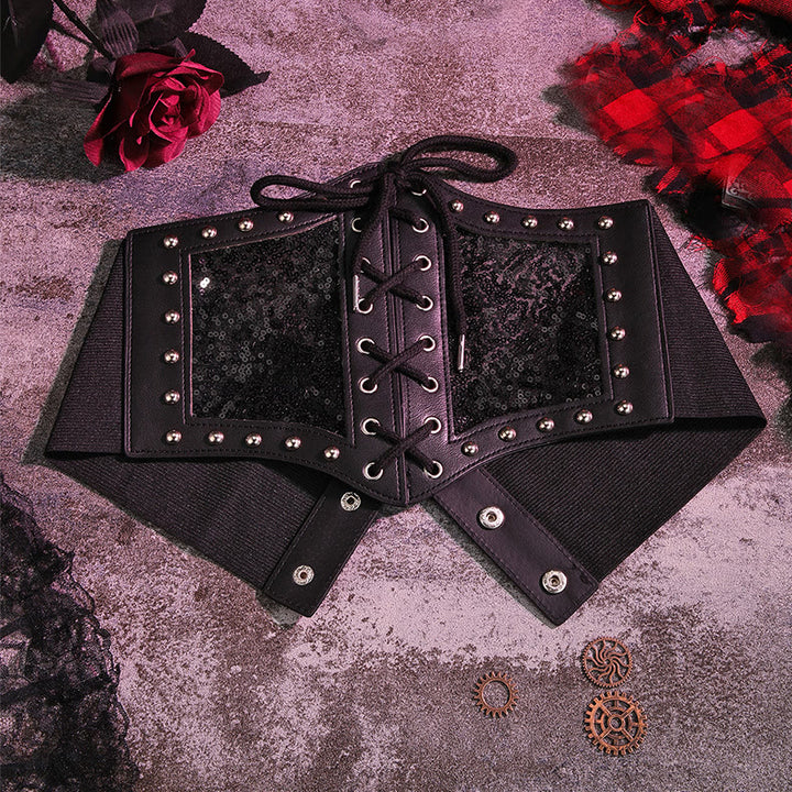 Ceinture corset élastique noire en dentelle pour femme - Noir - image 2