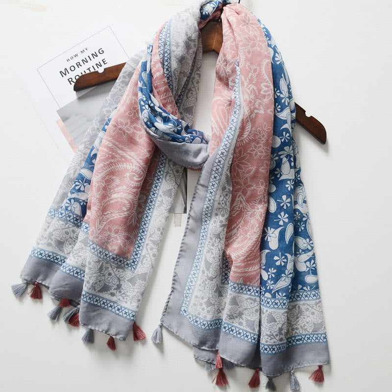 Écharpe bohème à imprimé cajou et blocs de couleurs - Bleu et rose - image 0