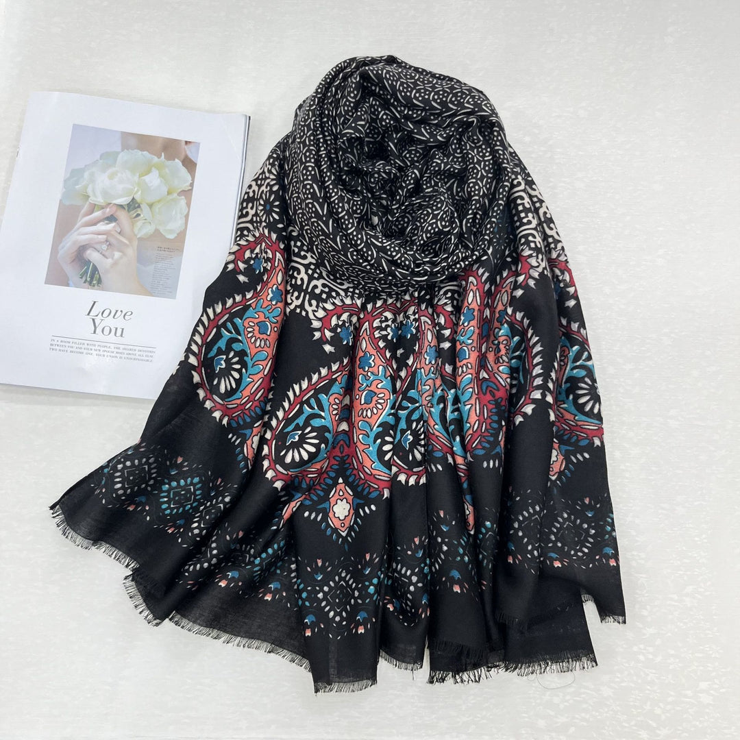 Écharpe d'été pour femme à imprimé cajou et protection solaire de style ethnique - Noir - image 3