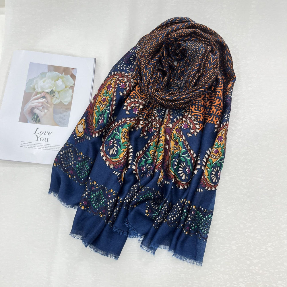 Écharpe d'été pour femme à imprimé cajou et protection solaire de style ethnique - Bleu marine - image 1