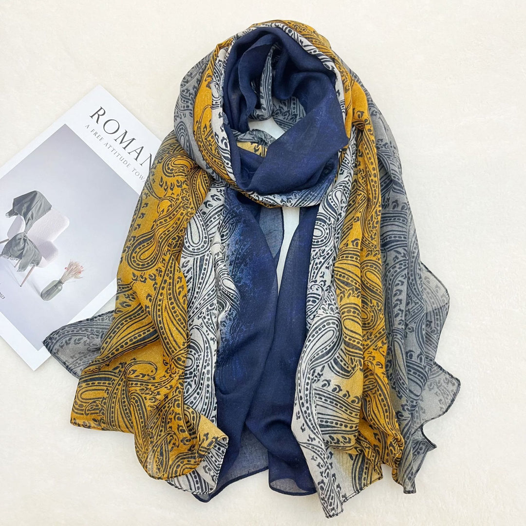 Écharpe châle tendance pour femme avec protection solaire et blocs de couleurs - Jaune et bleu marine - image 0