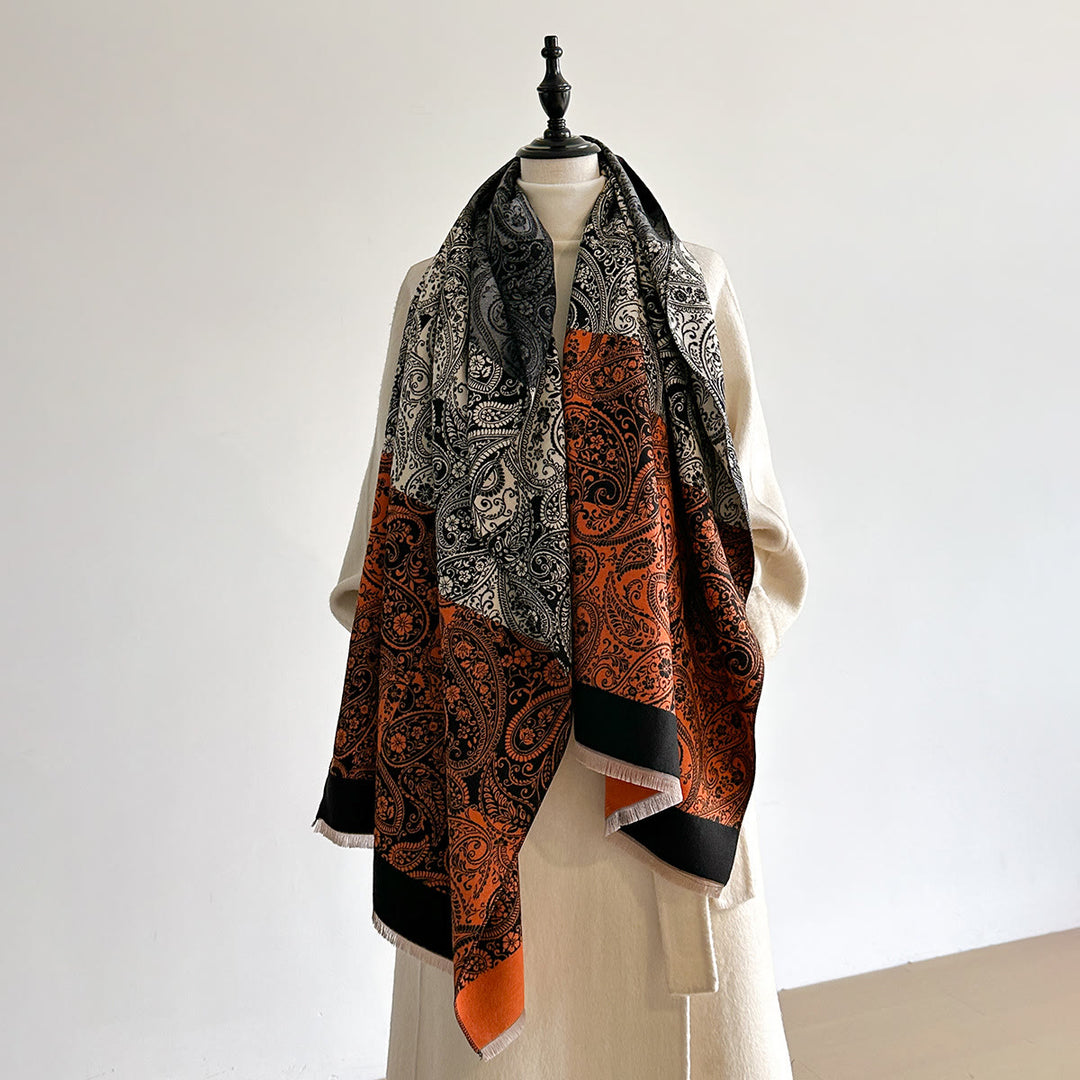 Écharpe d'hiver chaude pour femme à imprimé exotique rétro en noix de cajou - Noir et orange - image 4