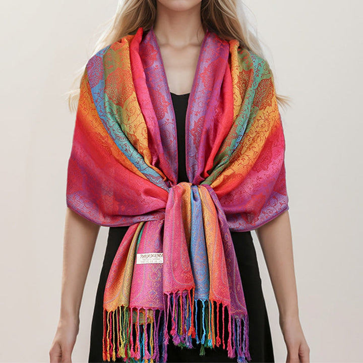Écharpe à pompons brodée de style ethnique avec dégradé de couleurs - image 2