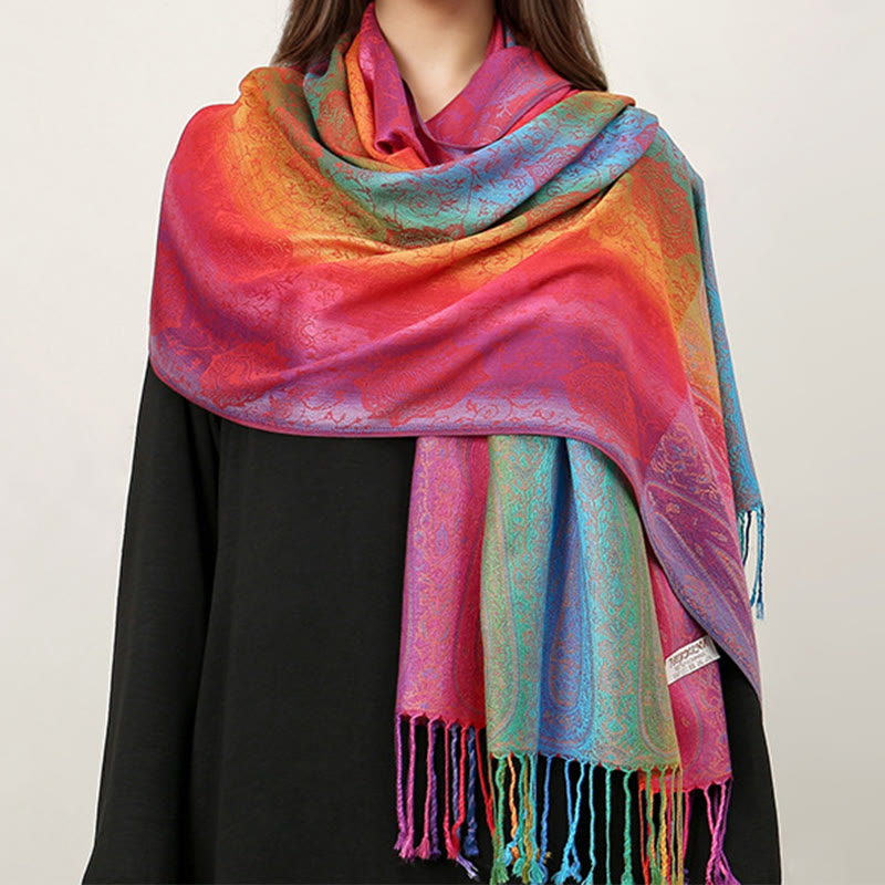 Écharpe à pompons brodée de style ethnique avec dégradé de couleurs - image 1
