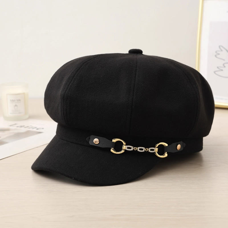 Béret tendance pour femme avec chaîne et boucle en métal - Noir - Réglable (21 5/8"-23 5/8") - image 1