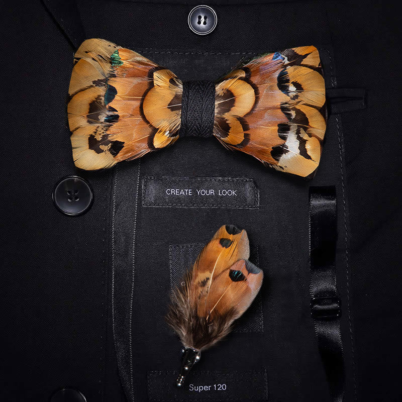 Nœud papillon en plumes de faisan beige et doré avec épingle à revers - Adulte - image 0