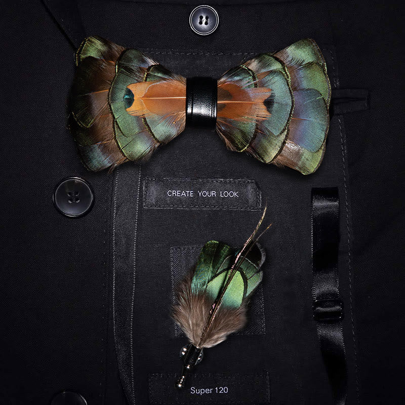 Nœud papillon à plumes vert émeraude et or avec épingle à revers - Adulte - image 0