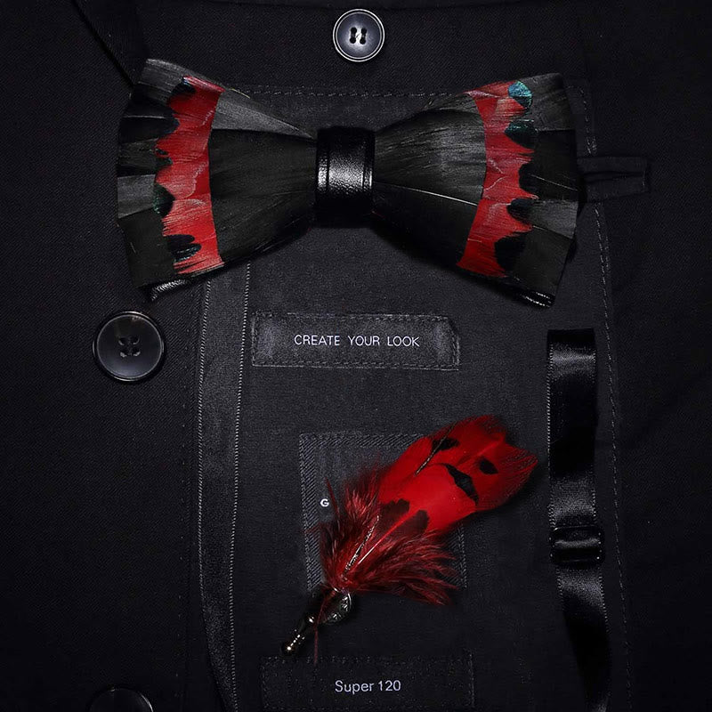 Nœud papillon en plumes de cygne noir et rouge avec épingle à revers - Adulte - image 0