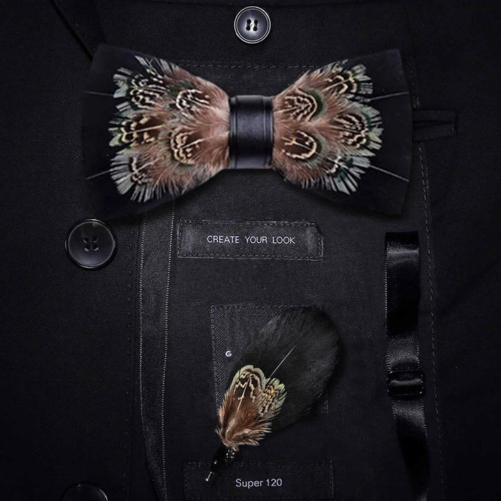 Nœud papillon en plumes de faisan noir et marron avec épingle à revers - Adulte - image 0