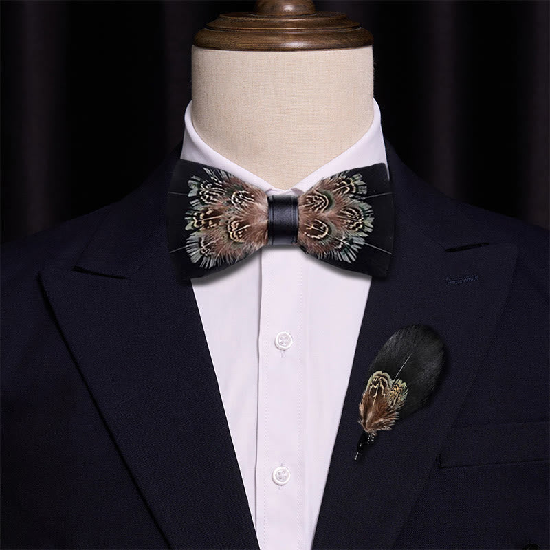 Nœud papillon en plumes de faisan noir et marron avec épingle à revers - image 2