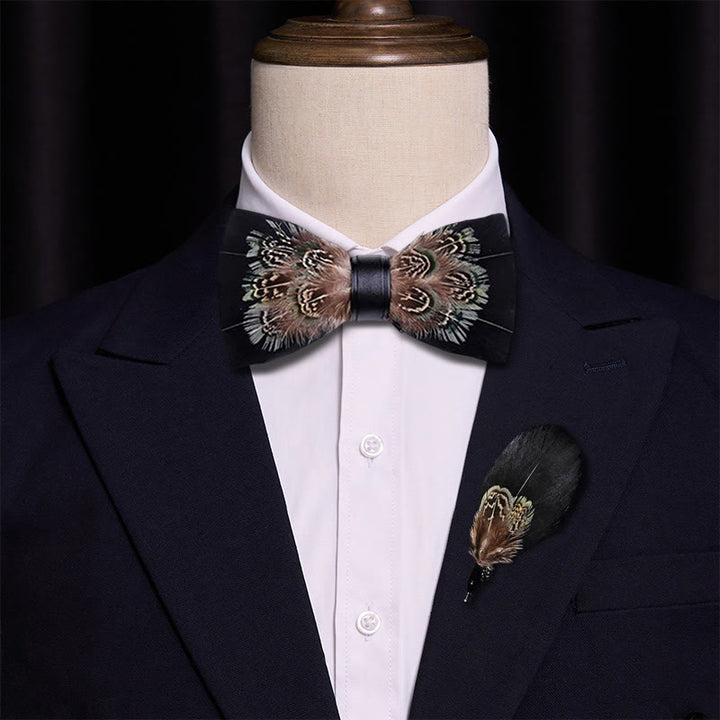 Nœud papillon en plumes de faisan noir et marron avec épingle à revers - image 2