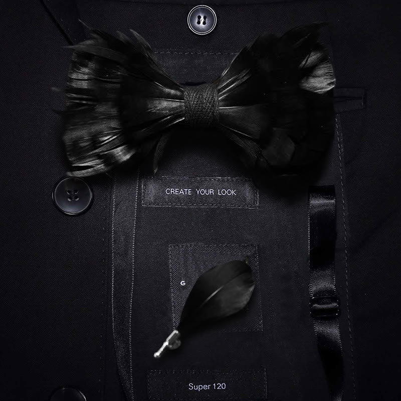 Nœud papillon en plumes noires solides avec épingle à revers - Adulte - image 0
