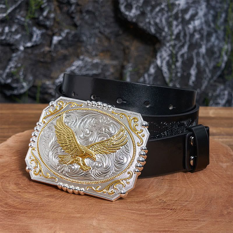Boucle de ceinture en cuir style cowboy Golden Flying Eagle DIY - Aigle volant - Ceinture noire avec aigle en relief - 42 - image 1